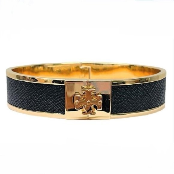 Tory Burch Black Kira Leather Inset Logo Bracelet - Picture 1 of 4